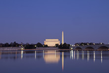 Abraham Lincoln Monument, Arlington Memorial Bridge And Washington Monument With Reflection On Potomac River At Sunset, Washington, DC, United States