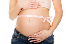 Pregnant Woman Belly With Pink Ribbon Gift