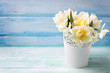 Bright white daffodils and tulips  flowers inwhite bucket  on tu