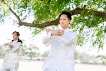 People practicing thai chi in park