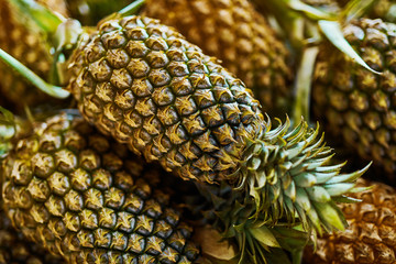 Canvas Print - Fruit Background. Closeup Of Organic Ripe Pineapples At Street Farmers Market ( Supermarket ) In Thailand, Asia. Nutrition And Vitamins. Healthy Raw Diet Food. 