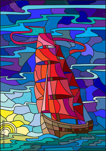 Naklejka - mata magnetyczna na lodówkę Illustration in stained glass style with the sailboat against the sky, the sea and the setting sun