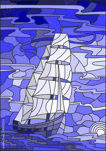 Obraz w ramie Illustration in stained glass style with the sailboat against the sky, the sea and the setting sun.Blue version