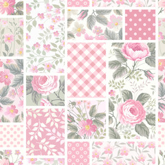 Wall Mural - seamless floral patchwork pattern with roses in pastel colors