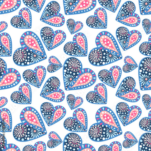 Cotton fabric Seamless vector pattern. Background with colorful decorative hearts on the blue backdrop.