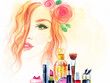 woman face and makeup products. watercolor illustration