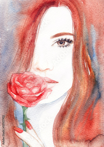 Obraz w ramie Beautiful woman face. Abstract fashion watercolor illustration