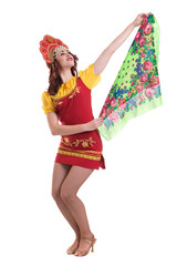 Wall Mural - Young woman wearing a folk costumes dancing.  Isolated on white in full length with copyspace