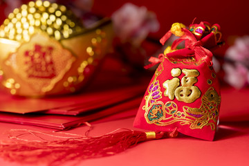 Chinese new year decorations, Auspicious ornaments on red backgr