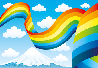 Sticker - Rainbow and clouds in the blue sky above the mountain