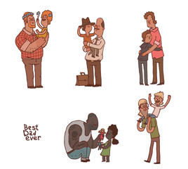 Vector set of cartoon images of different men - fathers with their children (boys and girls) in various poses on a light background. The best dad ever. Vector illustration.