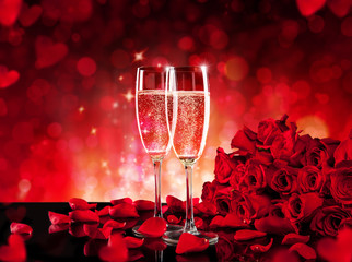 Wall Mural - Valentines still life with champagne and roses