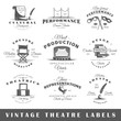 Set of theatre labels. Elements for design on the theatre theme. Collection of theatre symbols: stage, mask, curtain. Modern labels of theatre. Emblems and logos of theatre. Vector illustration