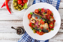 Grilled Mackerel With Vegetables In Mediterranean Style. Top View