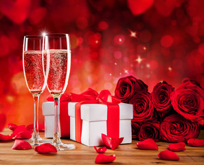 Wall Mural - Valentines still life with champagne and roses