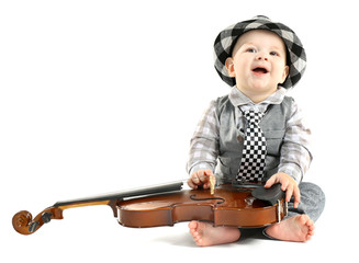 Wall Mural - Cute baby in hat with violin isolated on white background