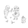 Line Art / Coloring Book Illustration for Children: Shy Boy Send Flower to a Beautiful Girl. Realistic Fantastic Cartoon Style Artwork Scene, Wallpaper, Story Background, Card Design 