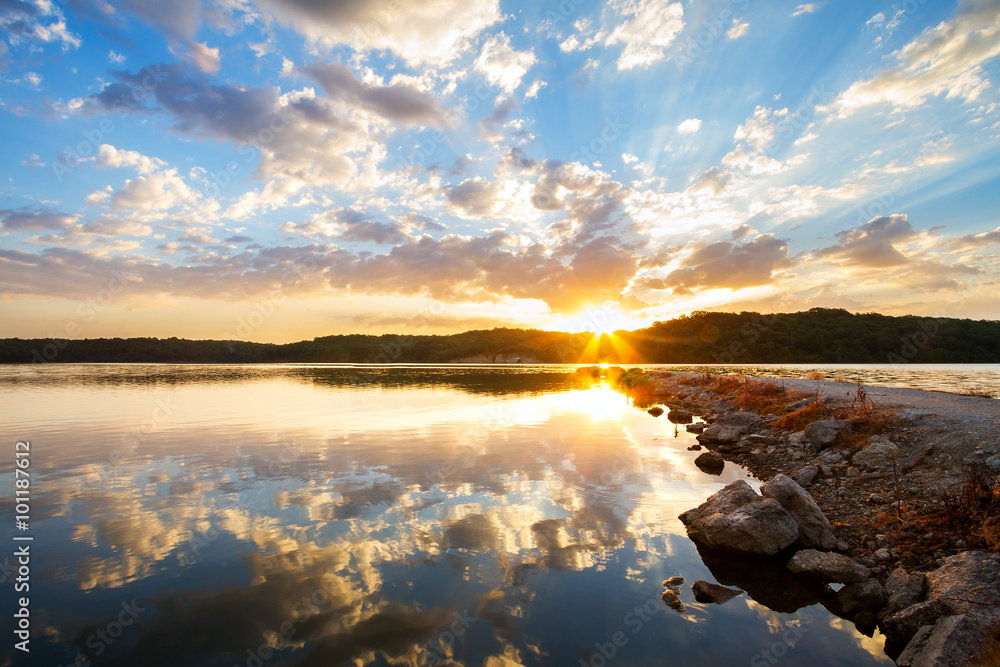 Rock Jetty Sunrise At A Lake Outside Of Kansas City Missouri Wall Mural Tommy Brison