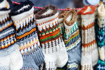 Colorful warm knitted socks sold on Easter market in Vilnius