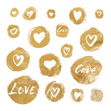 Set Of Vector Gold Foil Circles With Hand Drawn Hearts And Lettering For Valentines Day
