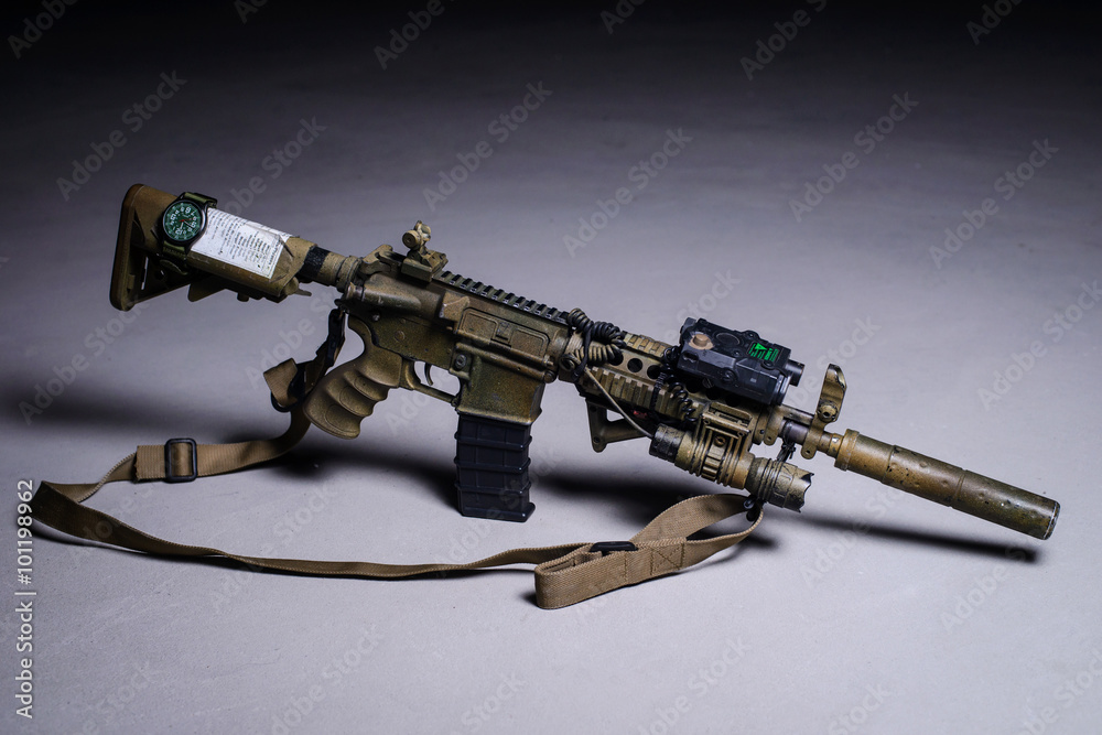 .Automatic rifle with silencer and laser sight/Painted assault ...