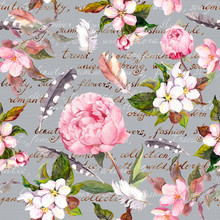 Peony Flowers, Sakura, Feathers. Vintage Seamless Floral Pattern With Hand Written Letter For Fashion Design. Watercolor
