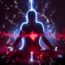 Silhouette Of A Woman In Lotus Meditation Position With Shining Heart Doing Kundalini Yoga