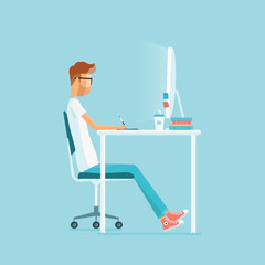 Aufkleber -  freelance  working on workplace.  web design. business character.people working in office