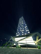 Modern Headquarters Building, Contemporary Business Center, Down Town Financial District At Night. My Own Design