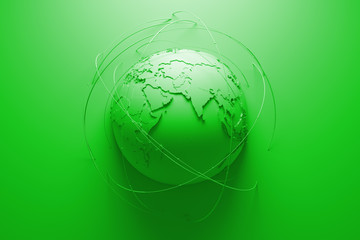 Poster - monochrome abstract background with earth globe, continets are with countries randomly extruded, arcs around symbolize connection and technology among us