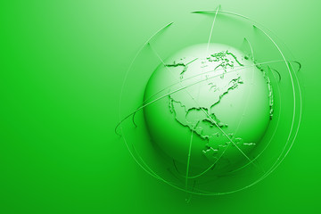 Poster - monochrome abstract background with earth globe, continets are with countries randomly extruded, arcs around symbolize connection and technology among us