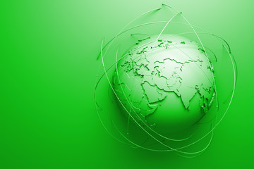 Poster - monochrome abstract background with earth globe, continets are with countries randomly extruded, arcs around symbolize connection and technology among us