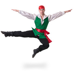 Wall Mural - Dancing man wearing a pirate costume jumping, isolated on white in full length.