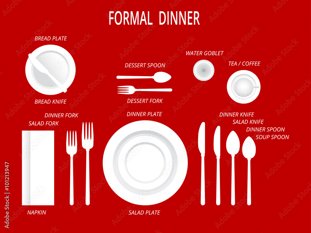 Formal dinner place settings. Dinner table set. Set for food and drink. Dinner set with text labels. Plates forks spoons knifes glass cup and napkin. vector illustration od dishware and cutlery Stock ...