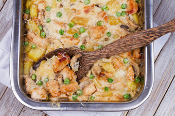 Wall Mural - Creamy Chicken, Potato  and Mushrooms Casserole. View from above, top studio shot