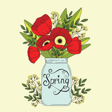 Floral Wedding Background. Flowers In Jar. Spring Concept Wallpaper With Poppy
