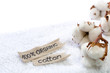 White bath towel with cotton branch, lettering and copy space