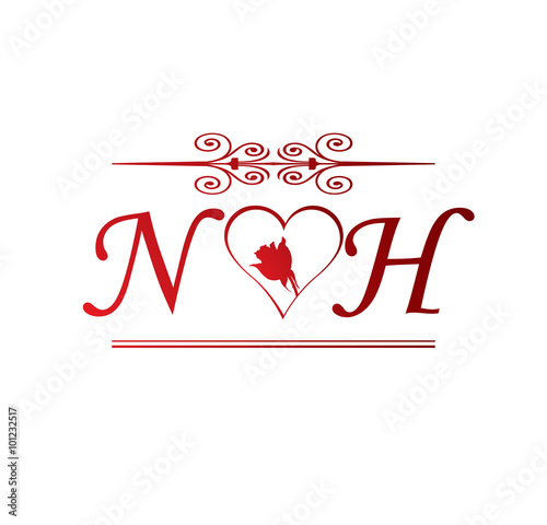 Nh Love Initial With Red Heart And Rose Stock Vector Adobe Stock