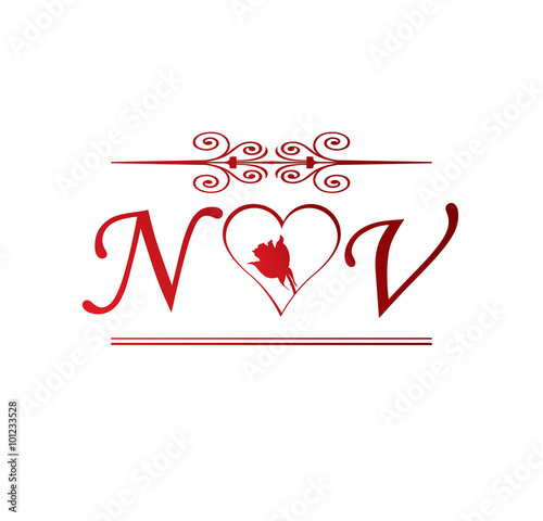 Nv Love Initial With Red Heart And Rose Stock Vector Adobe Stock Large sterling silver n heart initial necklace a 6mm script letter n and a 7mm heart are both hand. nv love initial with red heart and rose