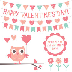 Wall Mural - Valentines Day set - cute owl and decoration