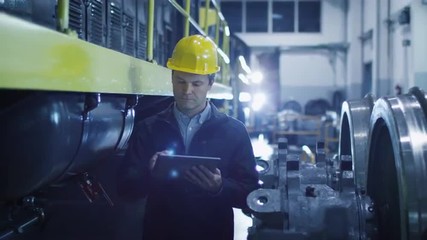 Technician in Hard Hat Using Tablet in Industrial Environment. Shot on RED Cinema Camera.
