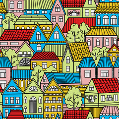 Seamless pattern with houses and trees. Vector illustration