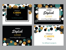 Collection Of Universal Modern Stylish Cards Templates With Gold Glitter Dots.