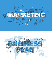 Set of modern vector illustration concepts of words marketing and business plan. Thin line flat design banners for website and mobile website, easy to use and highly customizable.