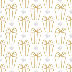 Wall Mural - Vector seamless pattern gift boxes and diamondsl in doodle style. Hand drawing.