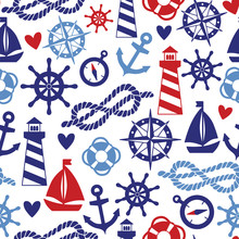 Vector Seamless Pattern With Sea Elements: Lighthouses, Ships, Anchors. Can Be Used For Wallpapers, Web Page Backgrounds