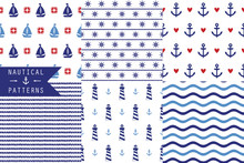 Set Of Vector Seamless Patterns With Sea Elements: Lighthouses, Ships, Anchors, Wind Rose. Can Be Used For Wallpapers, Web Page Backgrounds. Six Simple Patterns