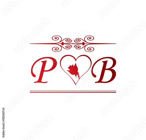 Pb Love Initial With Red Heart And Rose Stock Vector Adobe Stock
