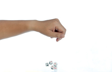 Throwing white gambling dices on white background ,selective focus