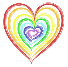 Watercolored Heart Painted In The Seven Rainbow Colors Red, Orange, Yellow, Green, Light Blue, Dark Blue And Purple.  Over A White Background. Made In Adobe Illustrator.